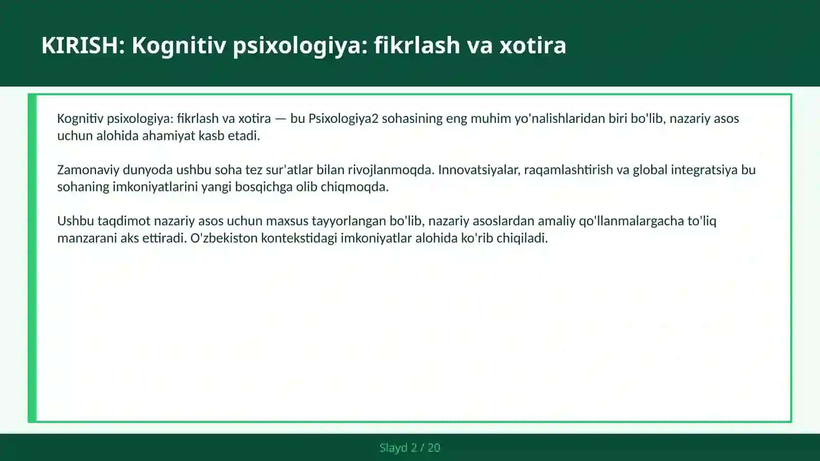 Kognitiv psixologiya: fikrlash va xotira 2
