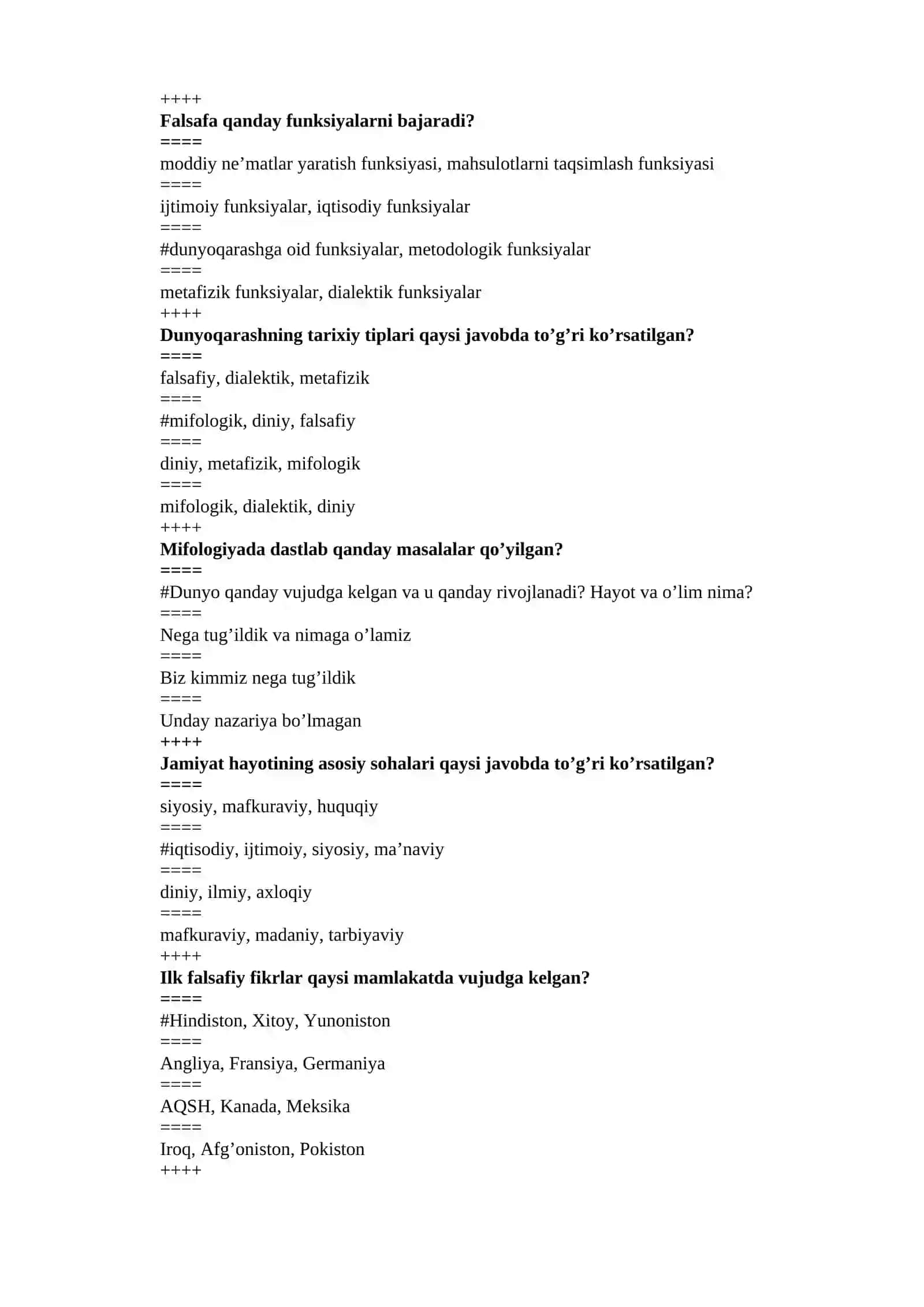 falsafa test savollari va javoblari 2