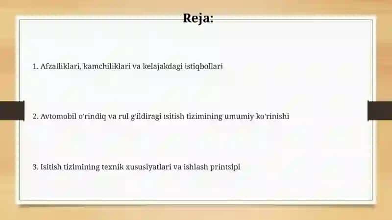 Avtomobilning òrindiqlari va rulini isitish tizimi 2