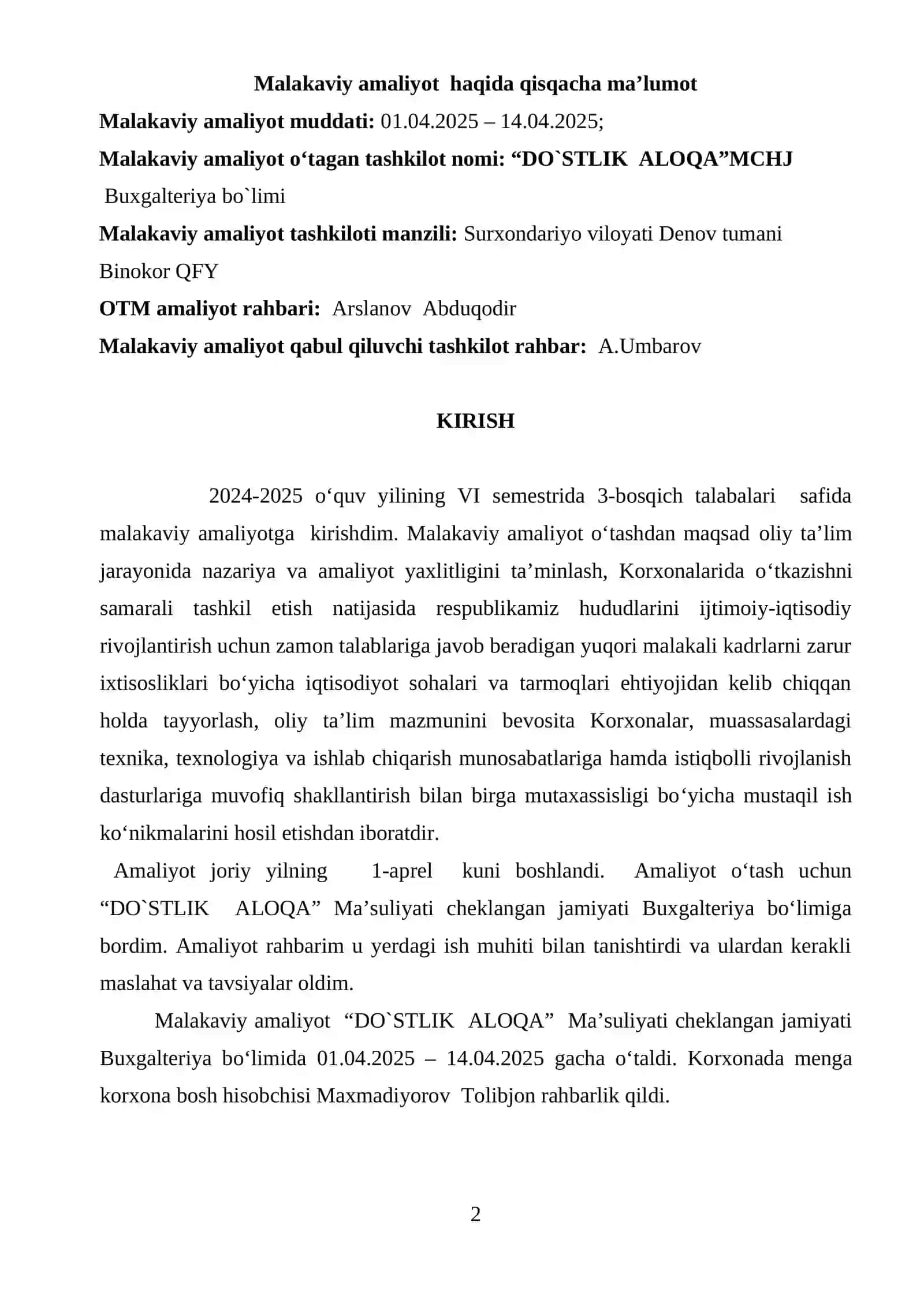 “DO`STLIK  ALOQA”MCHJ Denov HISOBOTI 2