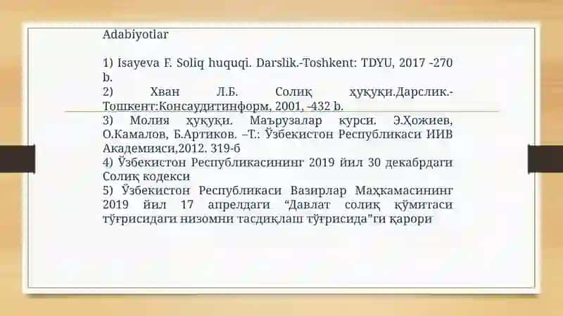 O‘zbekiston Respublikasida soliqlar va yig’imlar. Soliqlarning elementlari 2
