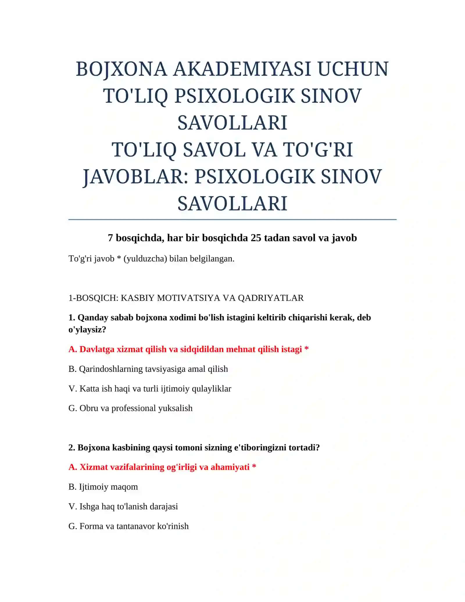 TO'LIQ PSIXOLOGIK SINOV SAVOLLARI 2