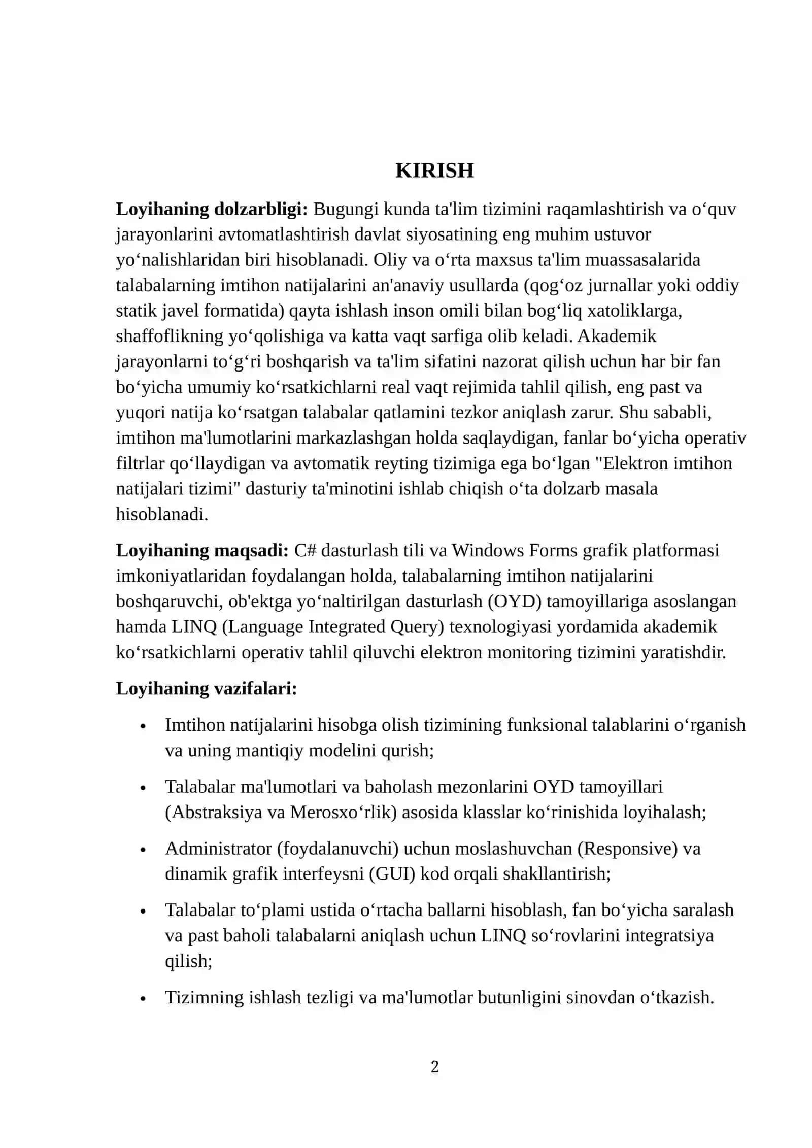 “Elektron imtihon natijalari tizimi” dasturini yaratish 2