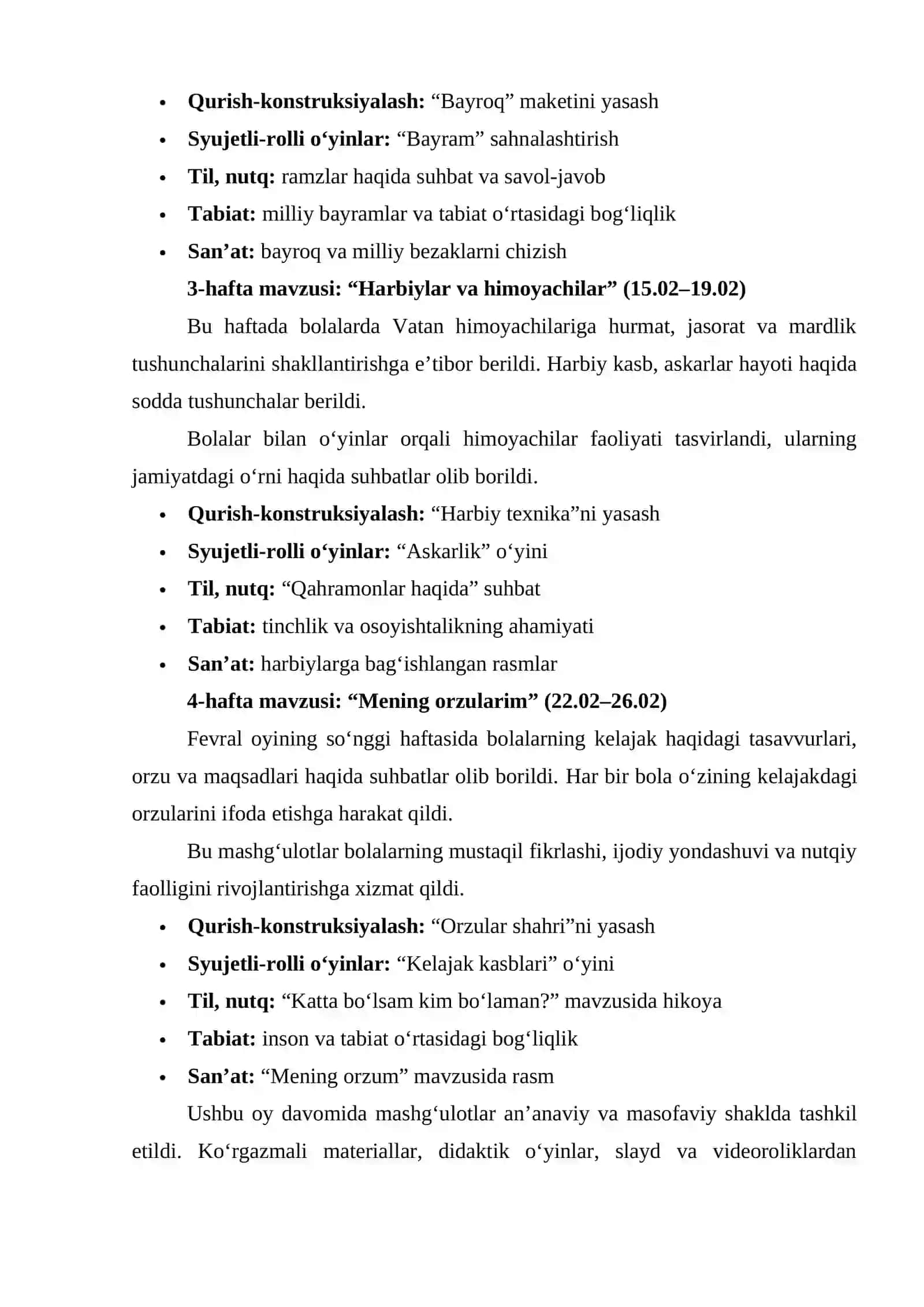 Maktabgacha ta'lim tarbiyachisi uchun Fevral hisoboti 2