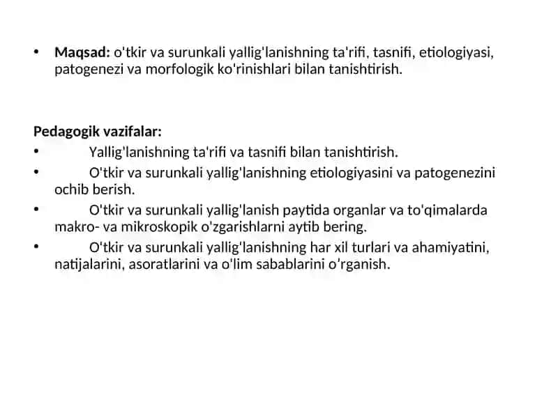 PATOLOGIK ANATOMIYA, 2 - ma’ruza "Yallig'lanish va reparatsiya. O'tkir va surunkali yallig'lanish" ass.:Турдиматов Д.С 2