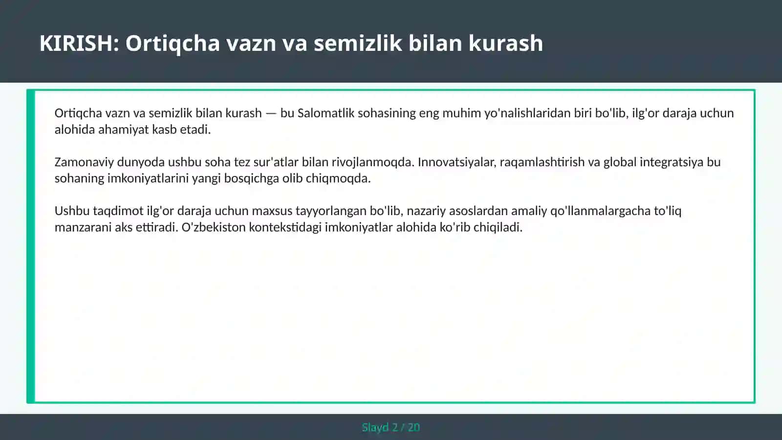 Ortiqcha va zn va semizlik bilan kurash 2