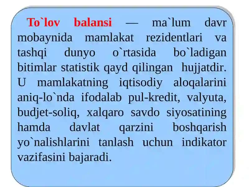 TO`LOV BALANSI. VALYUTA KURSI 2