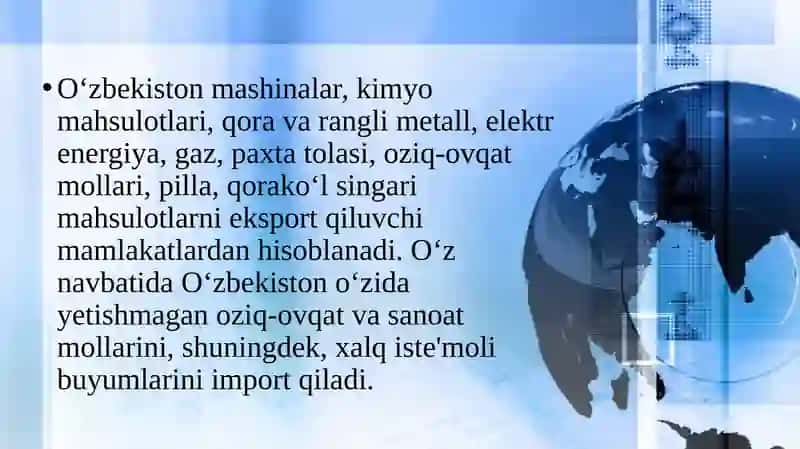O‘zbekiston eksport va import faoliyatini tashkil etish jarayonlari 2