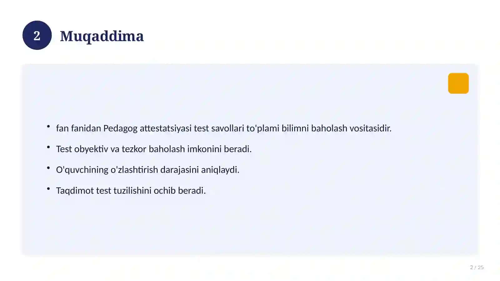 Pedagog attestatsiyasi test savollari to'plami 2