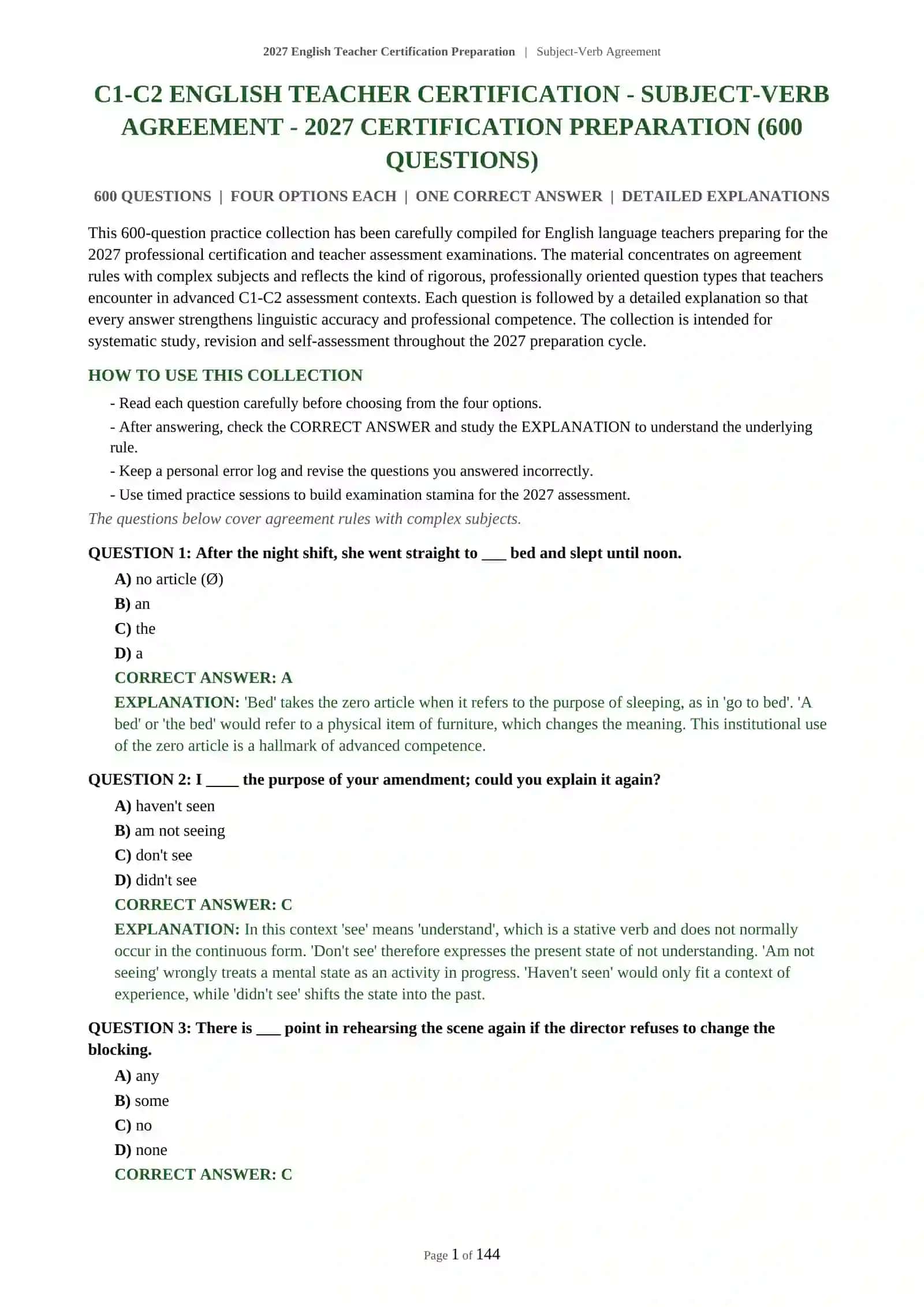 English Teacher Certification Preparation | Subject-Verb Agreement 2