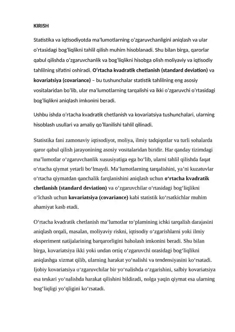 O‘RTACHA KVADRATIK CHETLANISH VA KOVARIATSIYA 2
