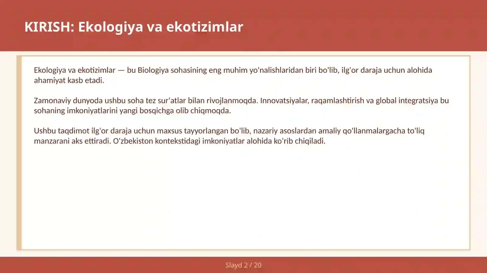 EKOLOGIYA VA EKOTIZIMLAR 2