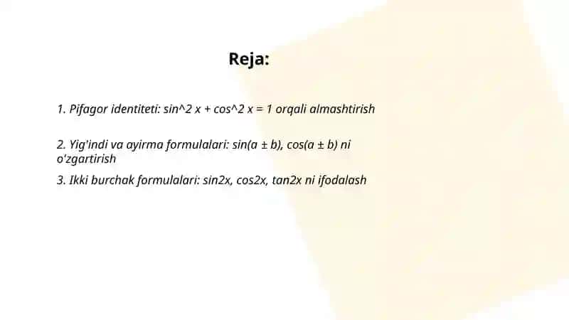 Trigonometrik ifodalarni aniq almashtrirish 2