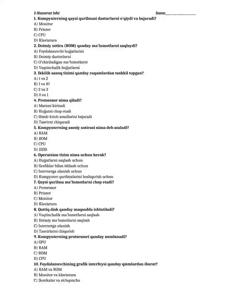 Informatika fanidan nazorat ishlari 2