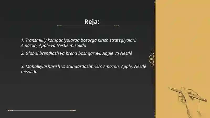Transmilliy kompaniyalarning global marketing strategiyalari: Amazon, Apple yoki Nestlé misolida 2