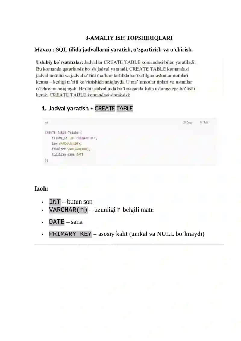 SQL Tilida Jadvallarni Yaratish, O'zgartirish va O'chirish 2