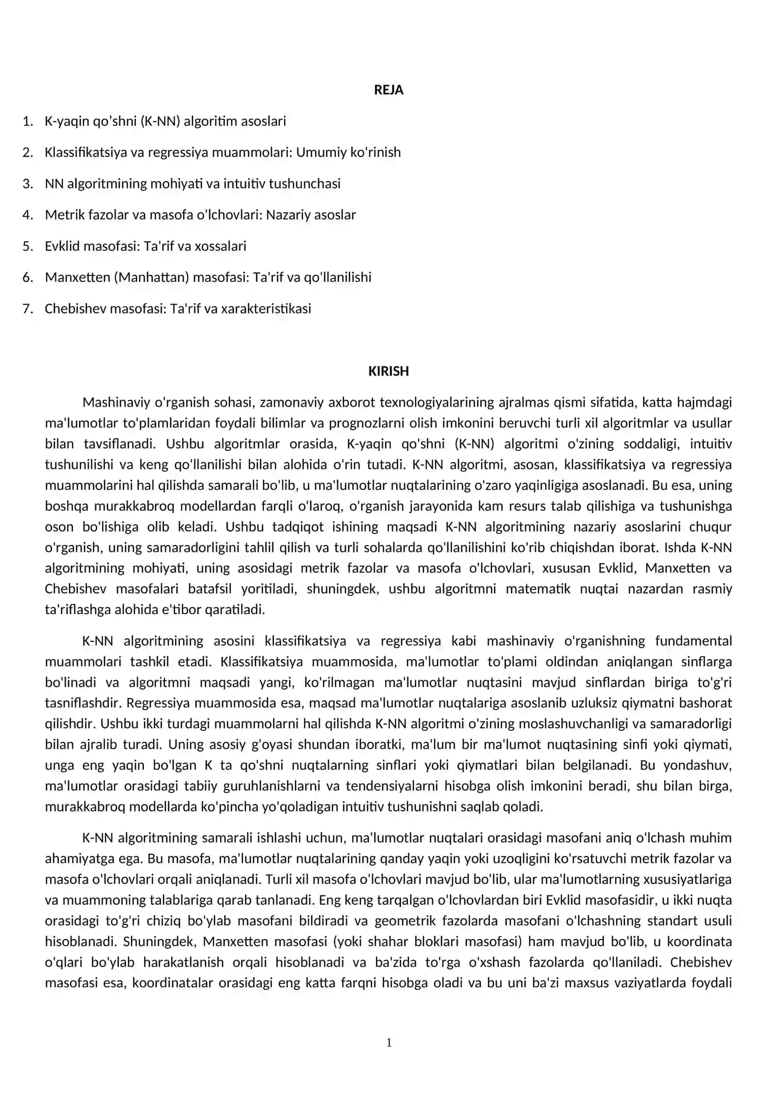 K-yaqin qo'shni (K-NN) algoritmi va uning samaradorligi 2