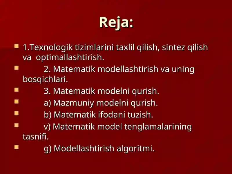 Texnologik tizimlarini optimallashtirish va modellashtirish 2