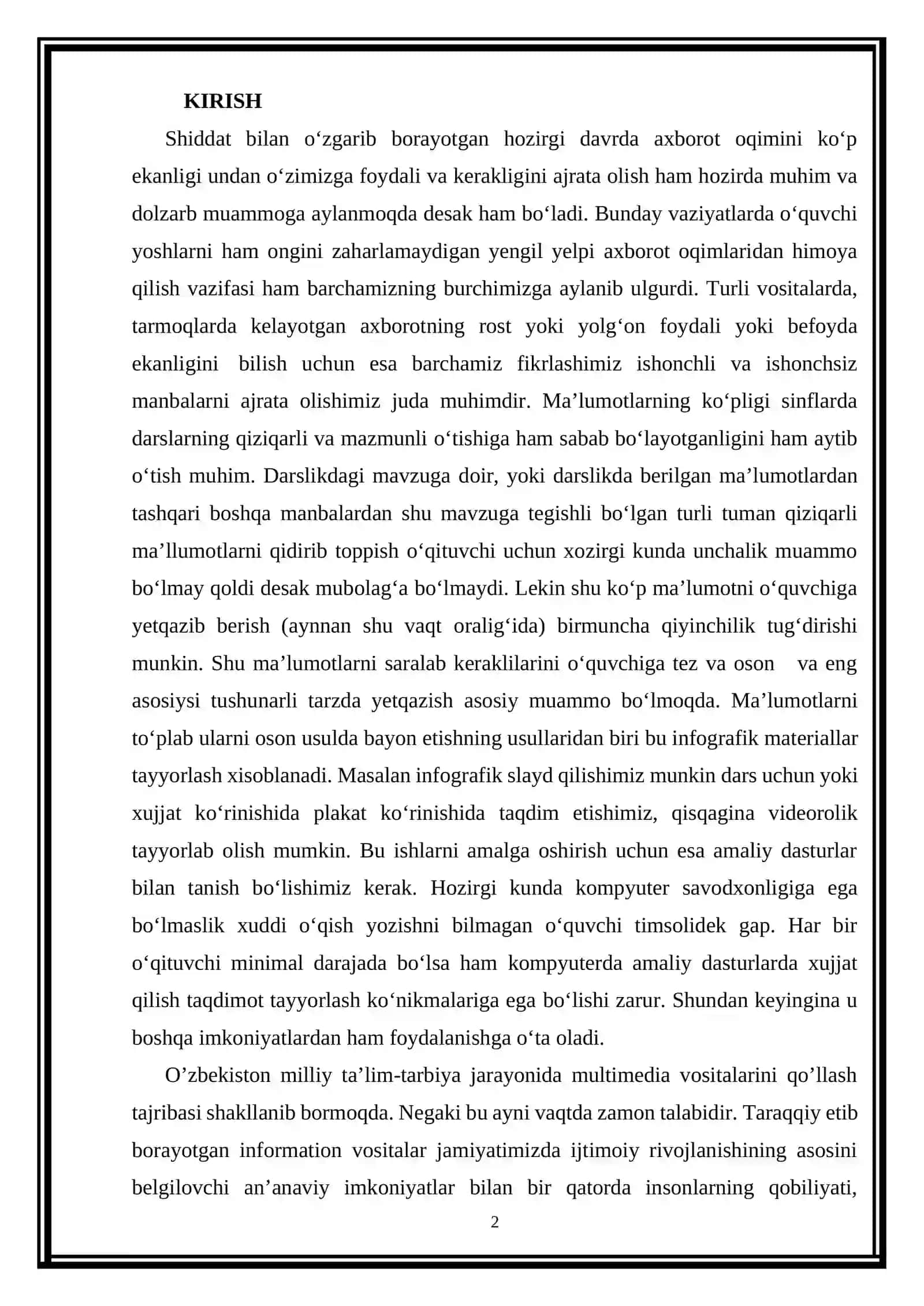 TA’LIM JARAYONIDA MULTIMEDIA TEXNOLOGIYALARIDAN FOYDALANISH METODIKASI kurs ishi 2