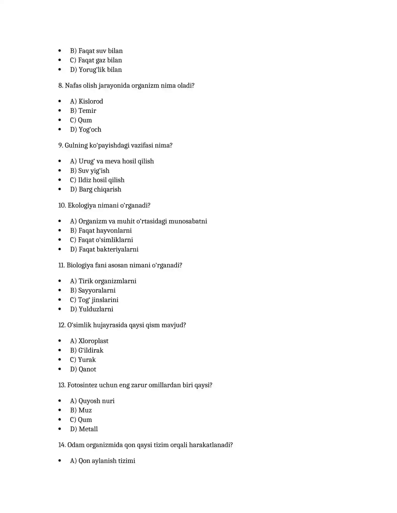 7-sinf Biologiya fanidan 100 ta test 2