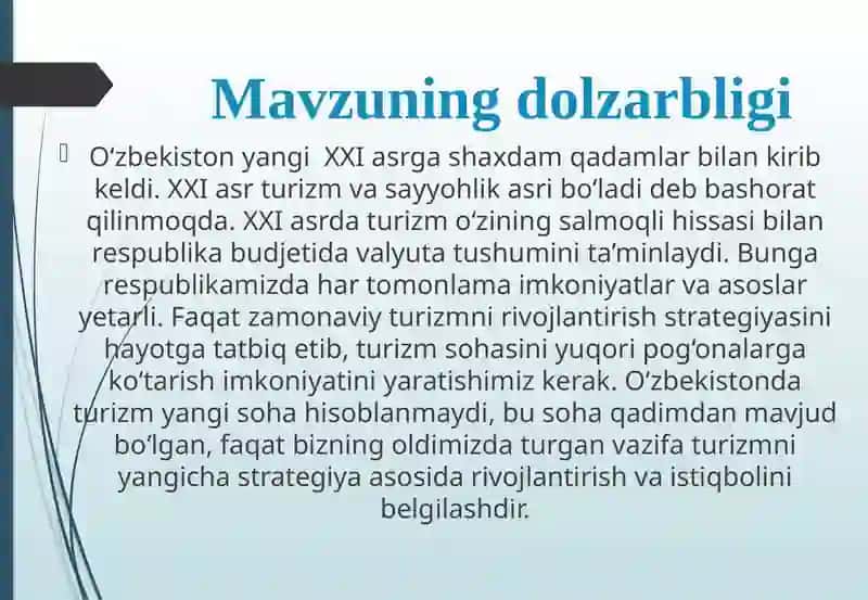 Turizm sohasining rivojlanishi 2