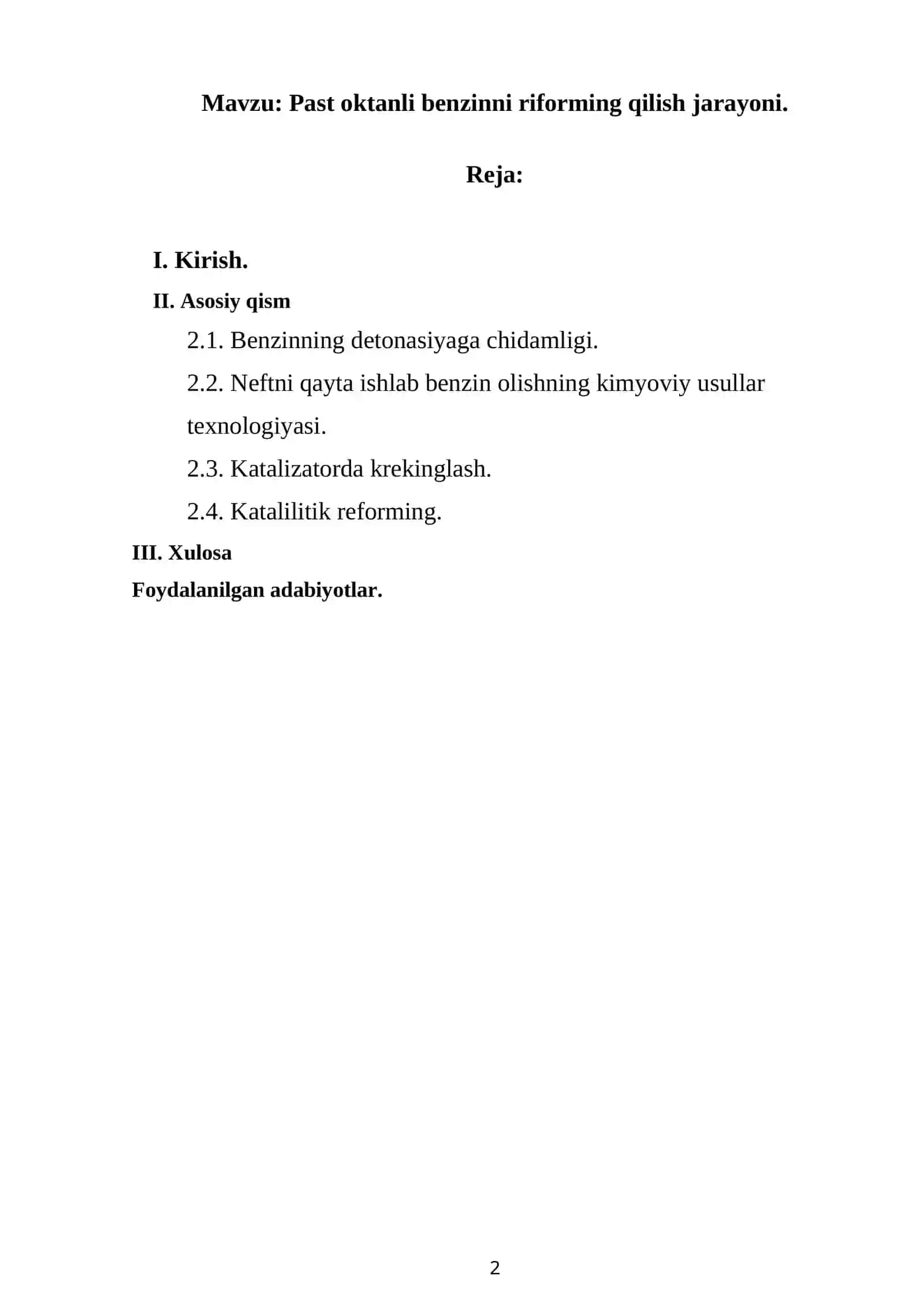 Past oktanli benzinni riforming qilish jarayoni 2