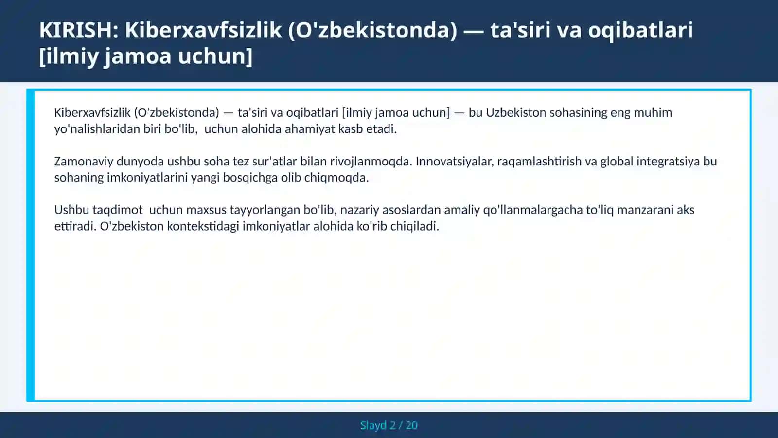 KIBERXAVFSIZLIK (O'ZBEKISTONDA) — TA'SIRI VA OQIBATLARI [ILMIY JAMOA UCHUN] 2
