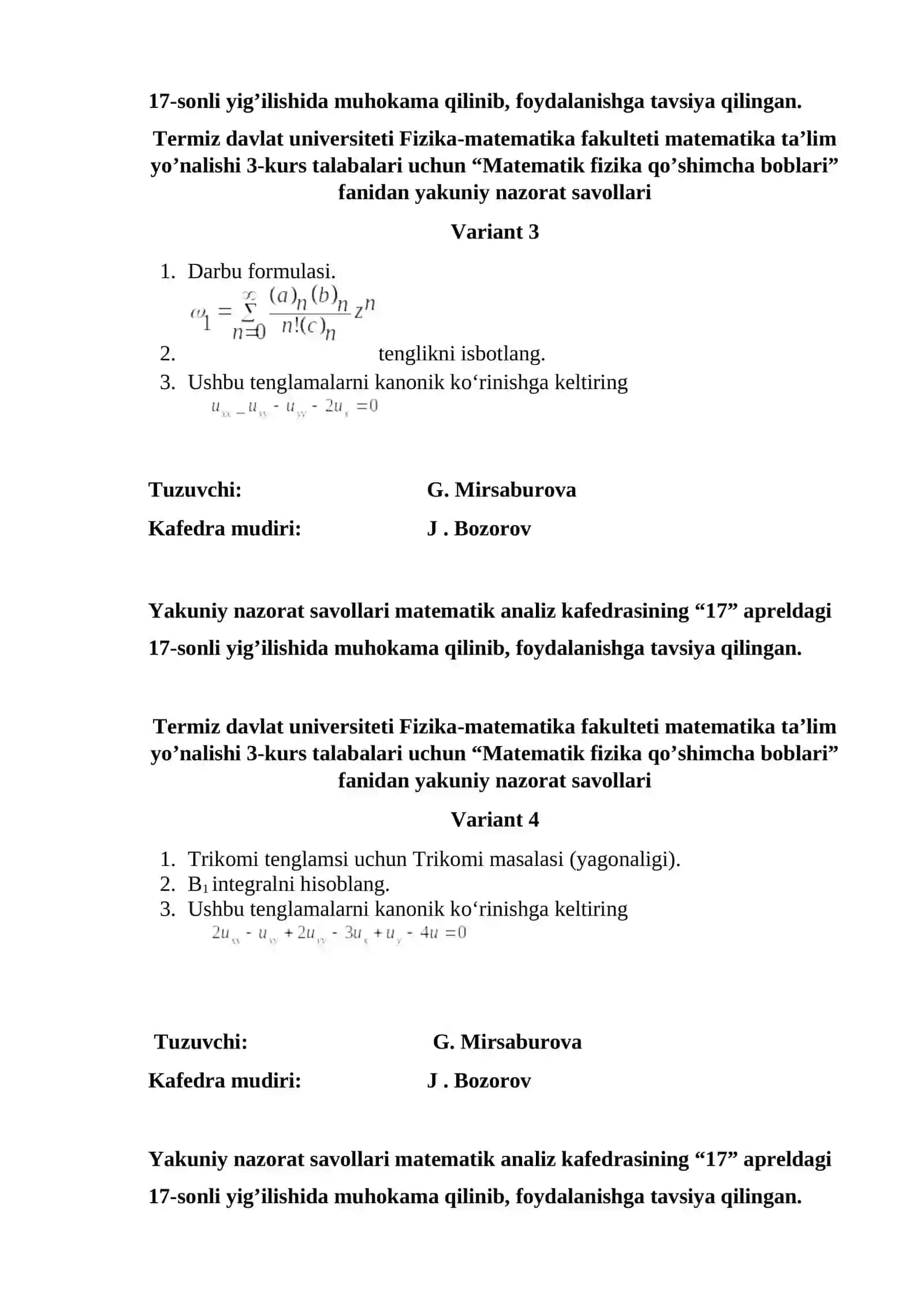 Matematik fizika qo’shimcha boblari 2