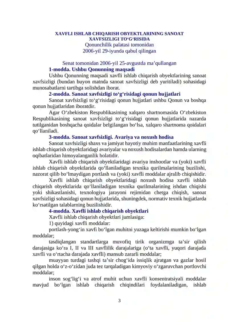 XAVFLI ISHLAB CHIQARISH OB'EKTLARINI SANOAT XAVFSIZLIGI TO'G'RISIDAGI QONUN BANDLARINI O'RGANISH 2
