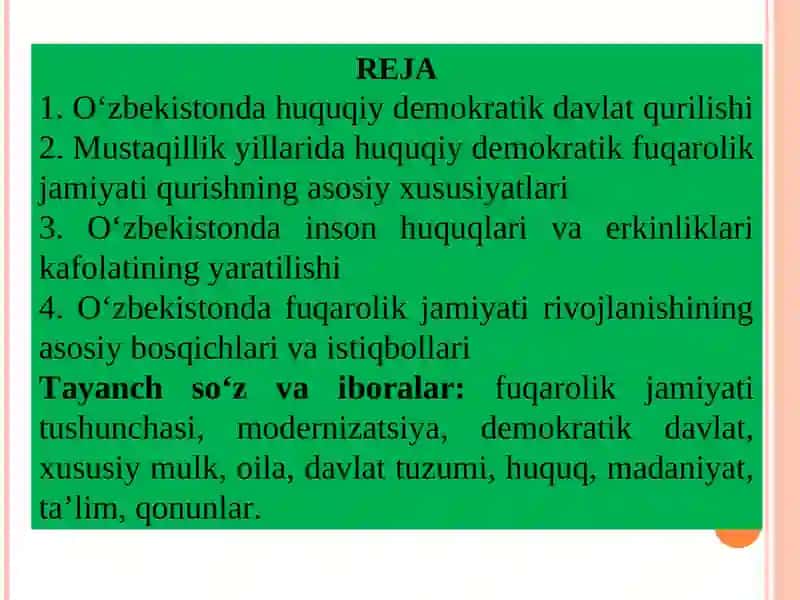 O‘ZBEKISTONNING ENG YANGI TARIXI O‘QUV FANINING PREDMETI 2