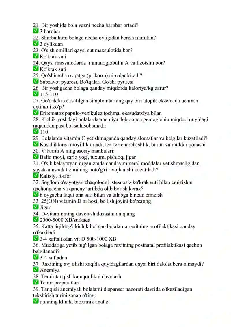 Umumiy pediatriya mutaxassisligi boʻyicha shakllantirilgan test savollari roʻyxati ARGOS TEST javoblari bilan 2
