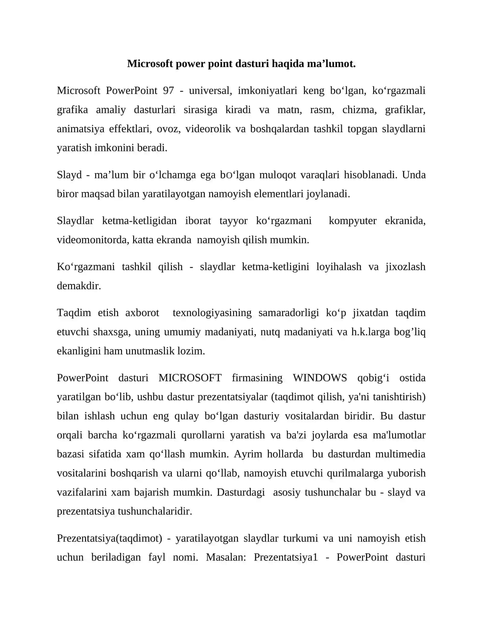 Power Point dasturi yordamida darslarga koʻrgazmali qurollar tayyorlashni oʻrgatish 2