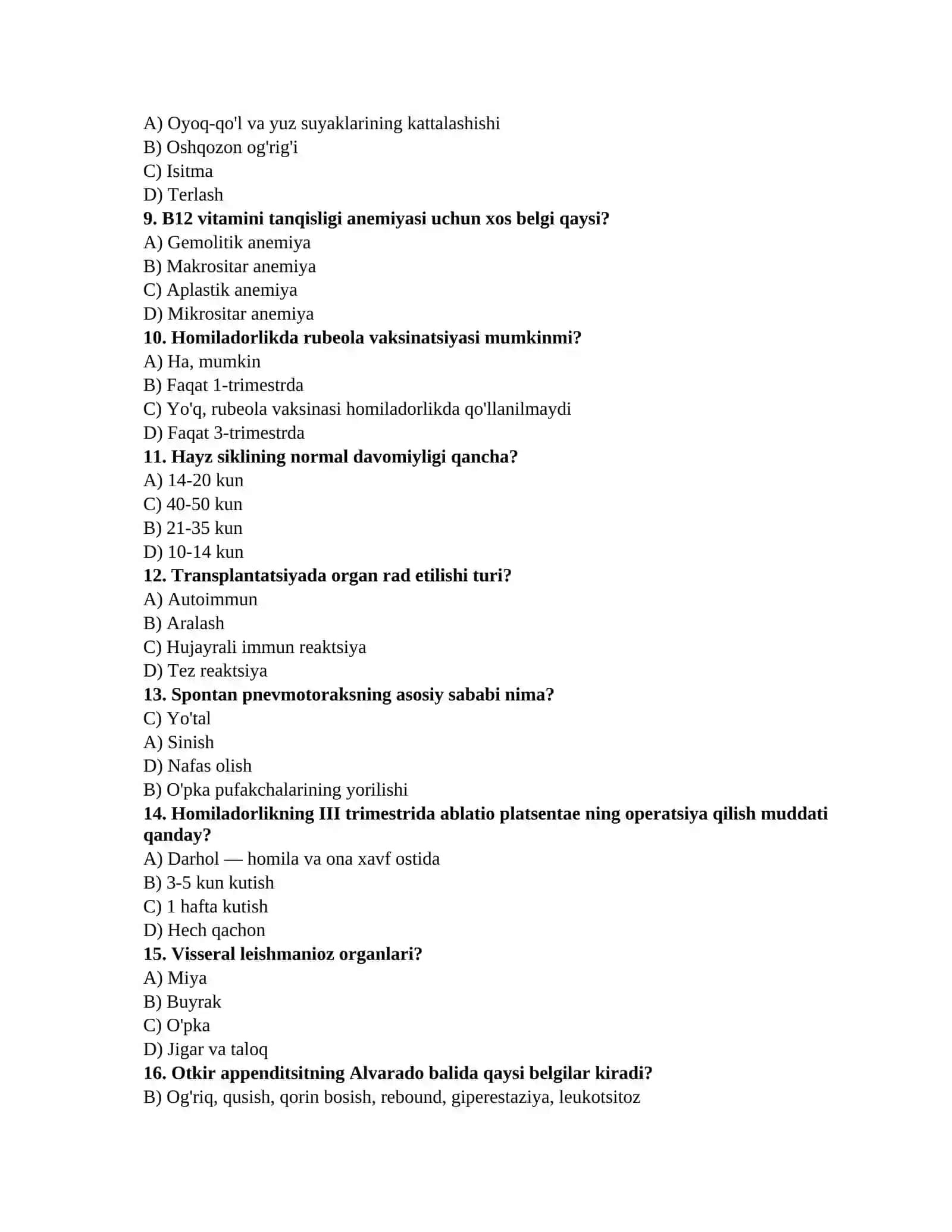 Tibbiyotga tayyorlov testlari 2