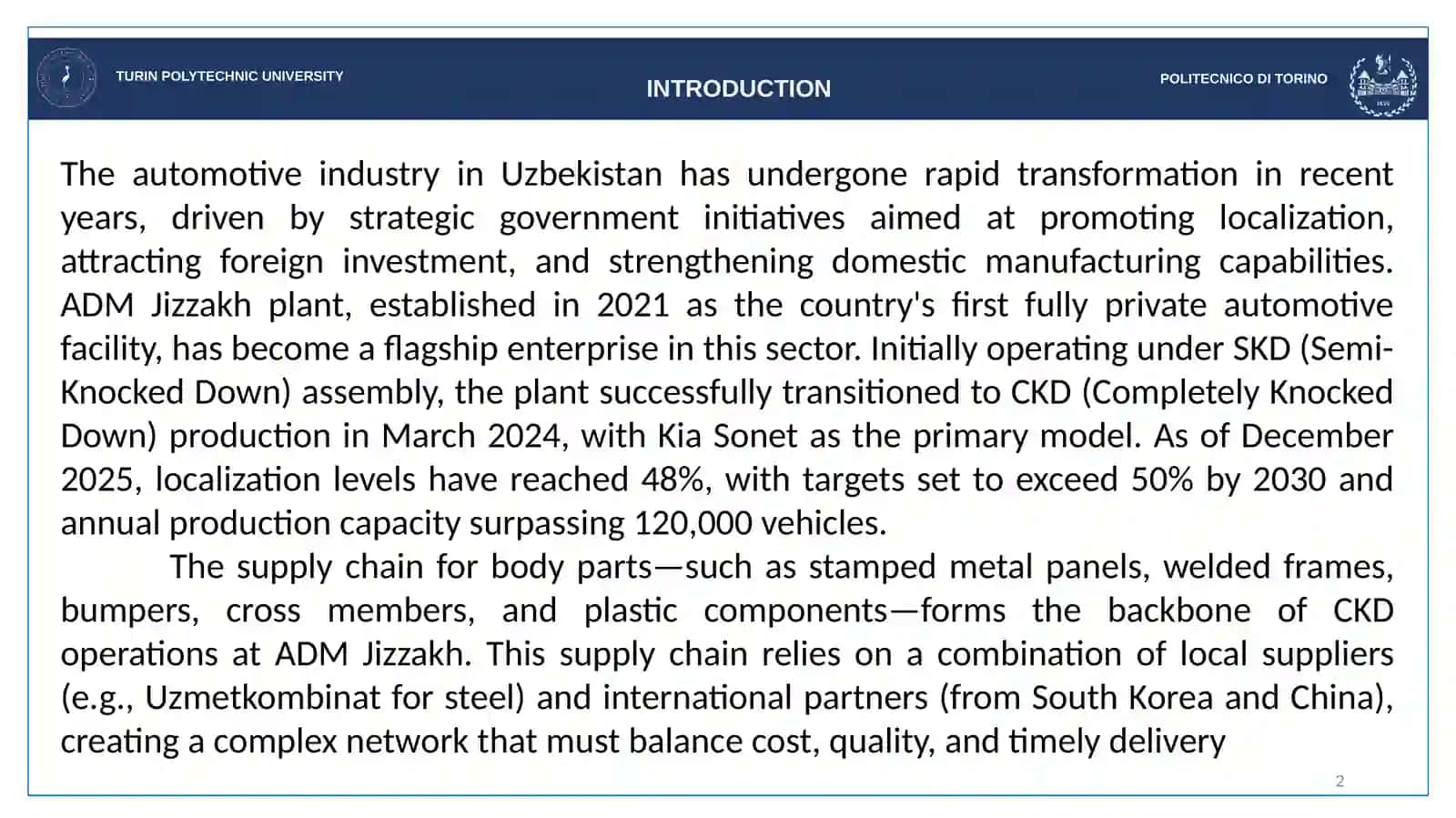 Optimization of Body Parts Supply at ADM Plant 2