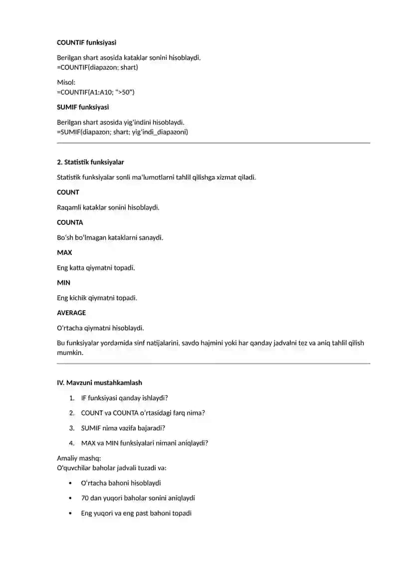 Shartli va statistik funksiyalar 2