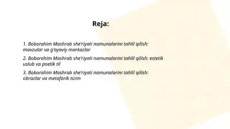 Boborahim Mashrab sheʼriyati namunalarini tahlil qilish 2