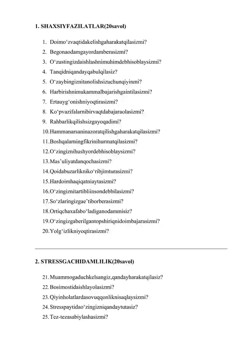 Ichki Ishlar Vazirligi Psixologik savollar 2