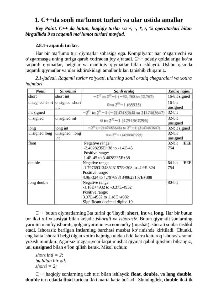 С++DA SONLARNING TURLARI VA ULAR USTIDA AMALLAR. DASTUR YARATISH JARAYONI 2