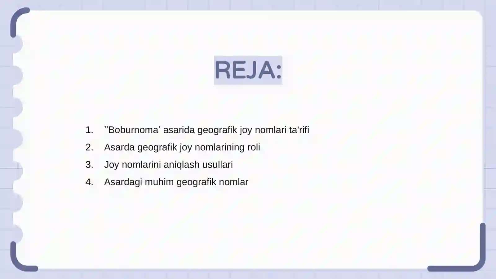 ʼʼBoburnomaʼʼ asaridan geografik joy nomlarini taʼrifini yozish 2