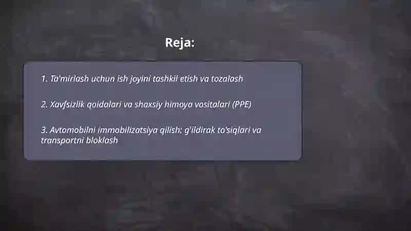 Avtomobil texnikalarini ta'mirlashga tayyorlash 2