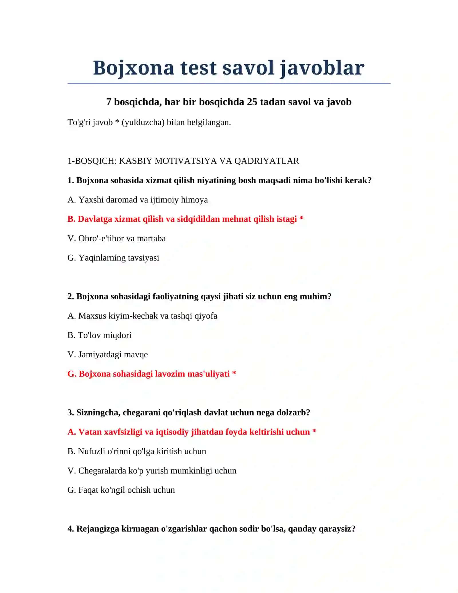 Bojxona test savol javoblar 2