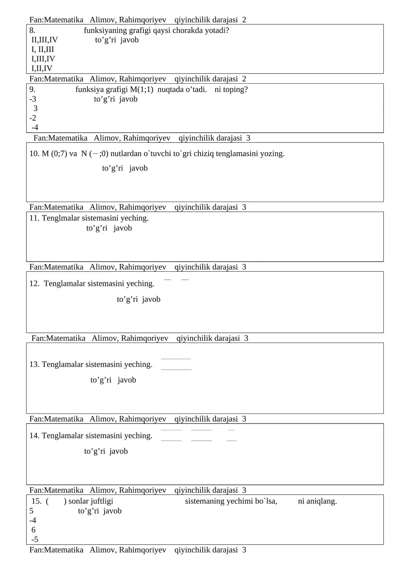 MATEMATIKA fanidan test 2