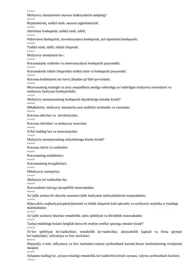 moliyaviy menejment test 2026 xxp hemis uchun 2
