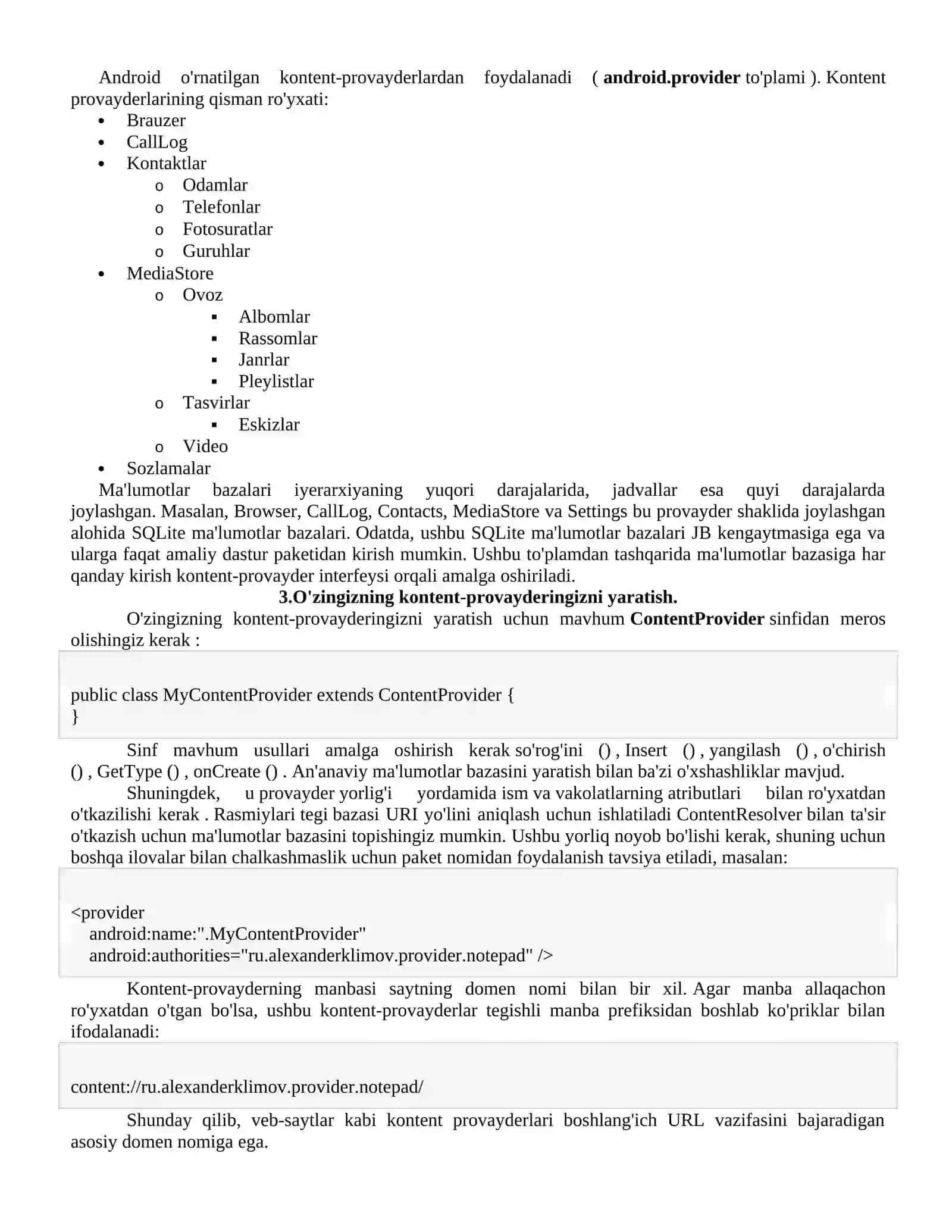 Androidda kontent-provayderlar bilan ishlash. Kontaktlar bilan ishlash. 2