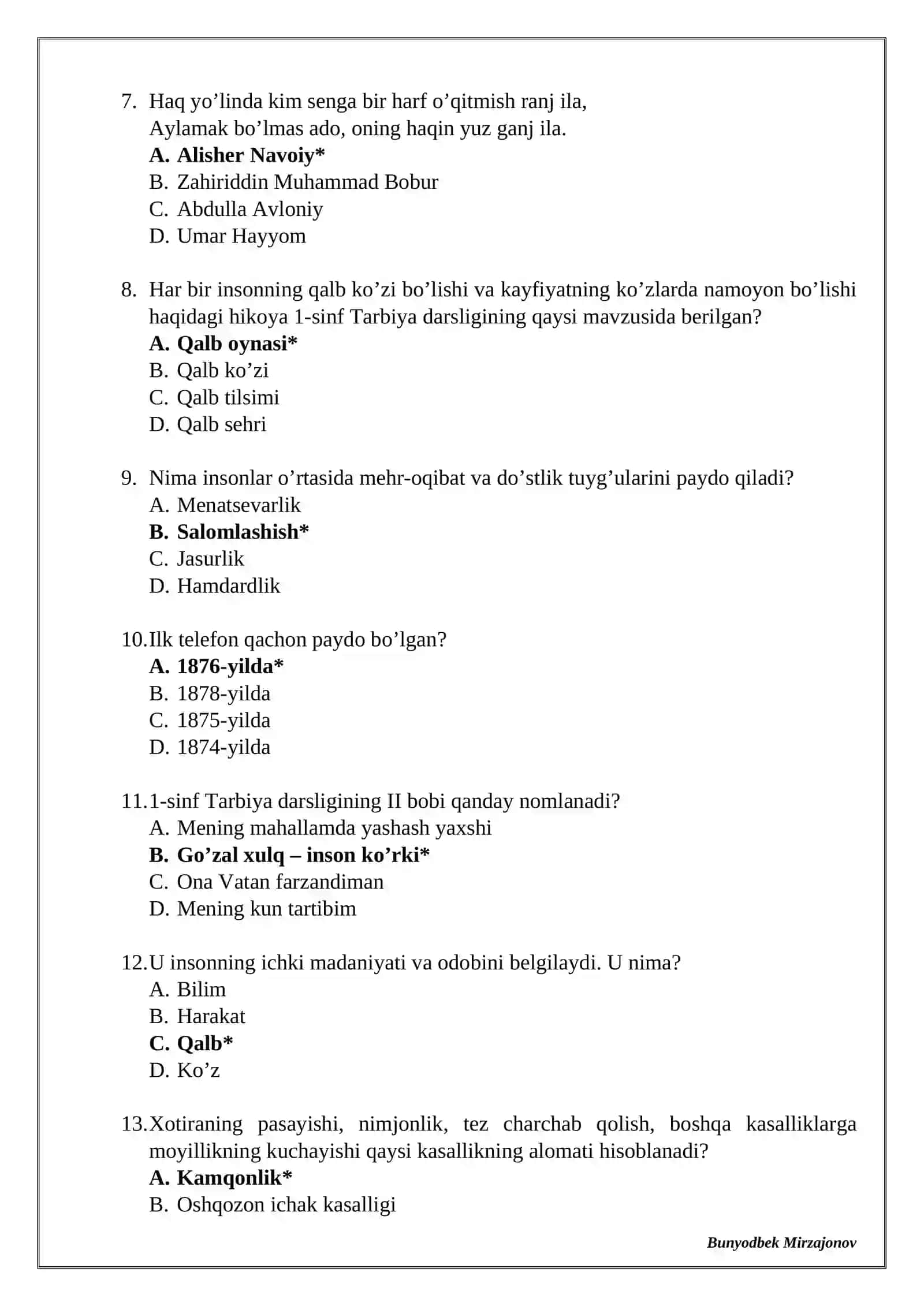 1-sinf. “Tarbiya” darsligidan test 2