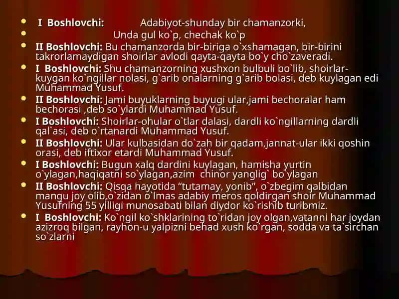 Muhammad Yusuf tavalludida bag`ishlangantadbir ssenariysi 2
