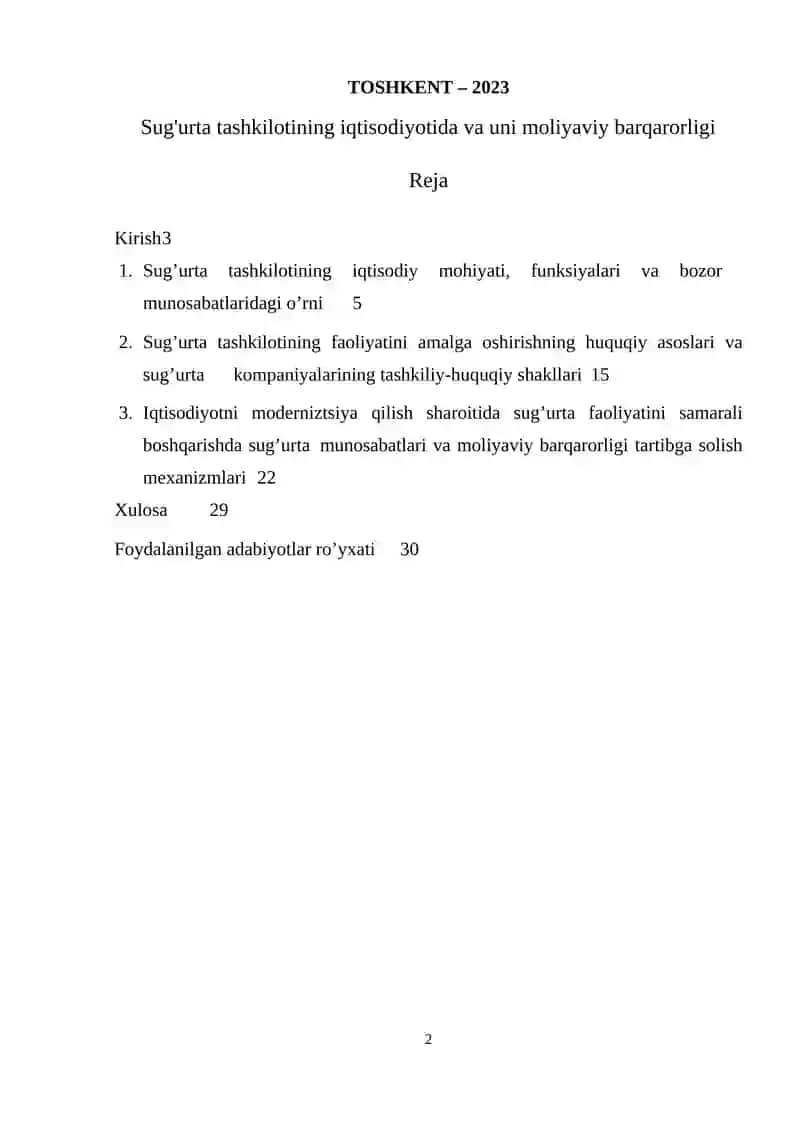 Sug'urta tashkilotining iqtisodiyotida va uni moliyaviy barqarorligi 2