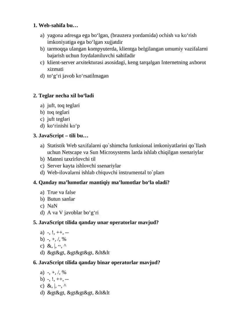 JavaScript Tilida Operatorlar 2