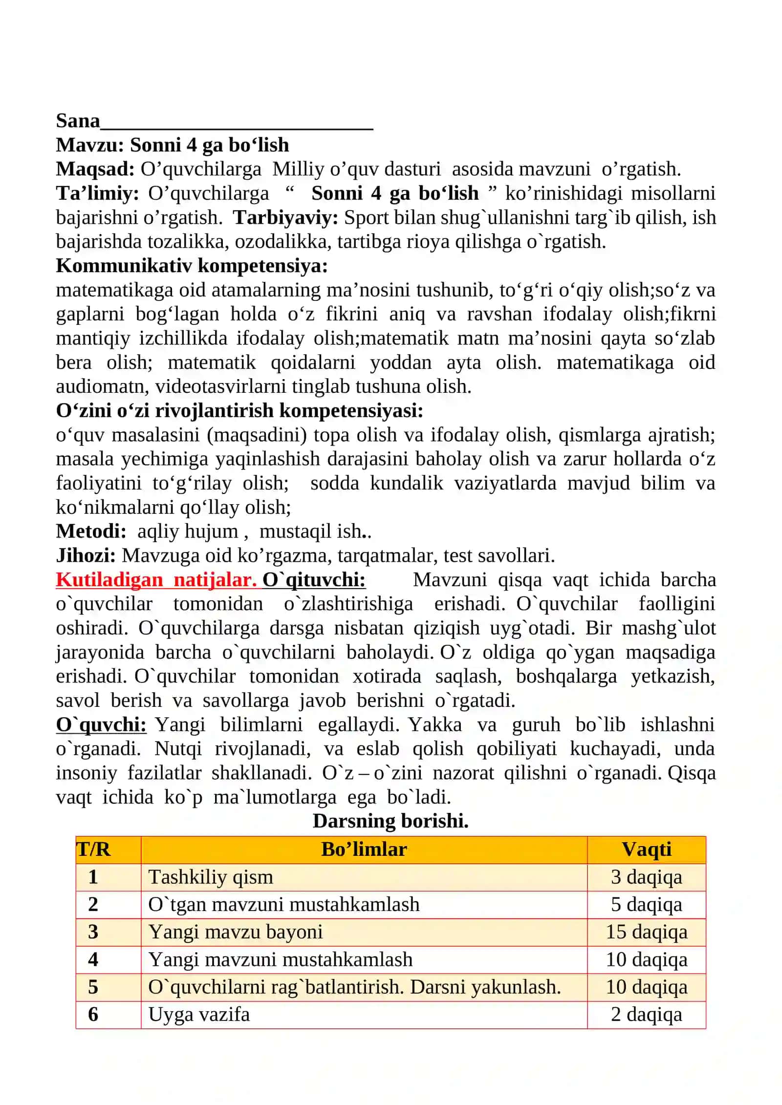 Sonni 4 ga bo‘lish mavzusida 2-sinf matematika fanidan dars ishlanmasi 2