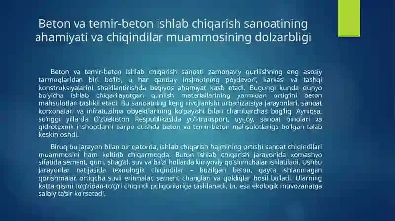 Beton va temir-beton ishlab chiqarish sanoati chiqindilar 2